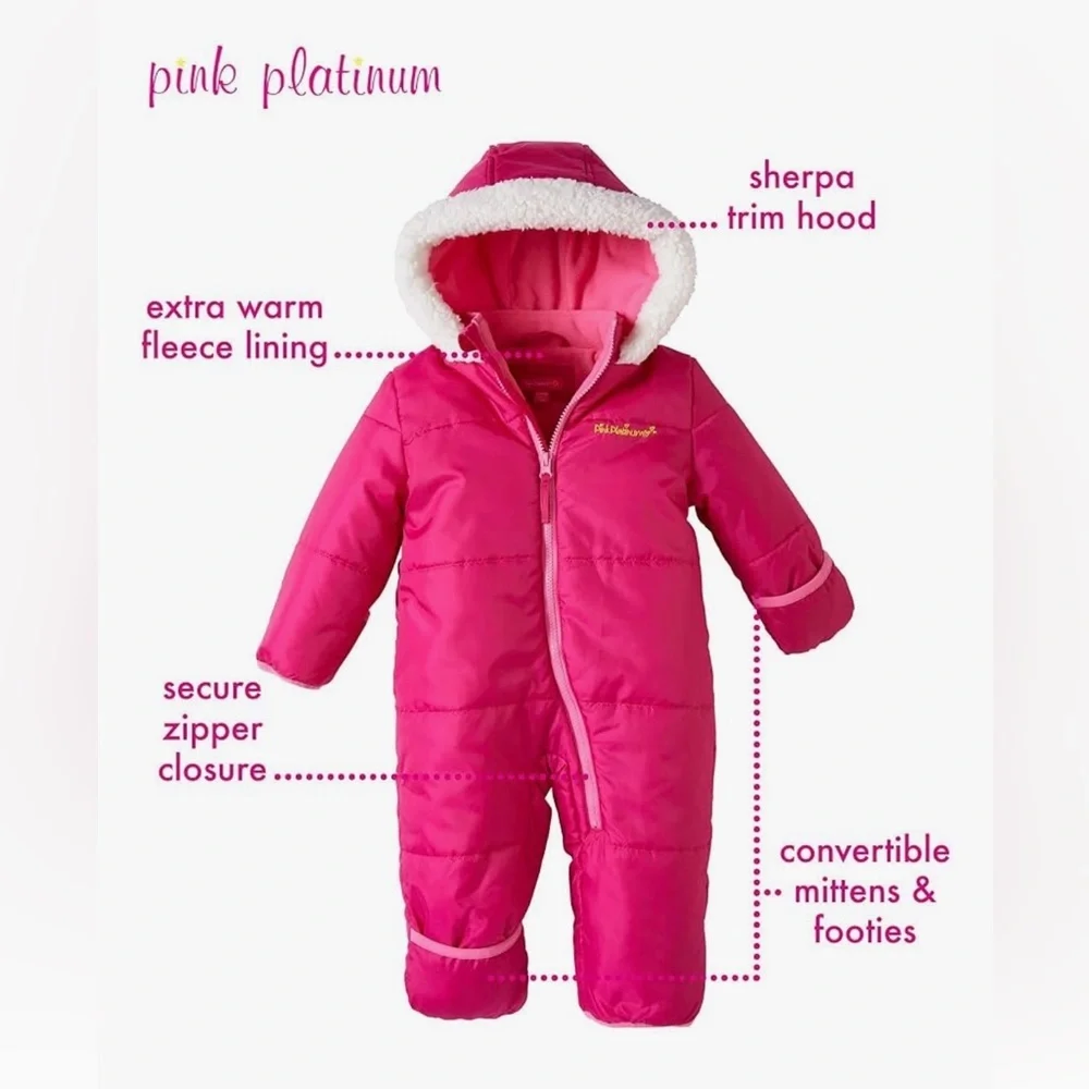 Pink Platinum Baby Girls One Piece Fleece Snowsuit in Pink - Size 12-18 Months - Picture 3 of 8